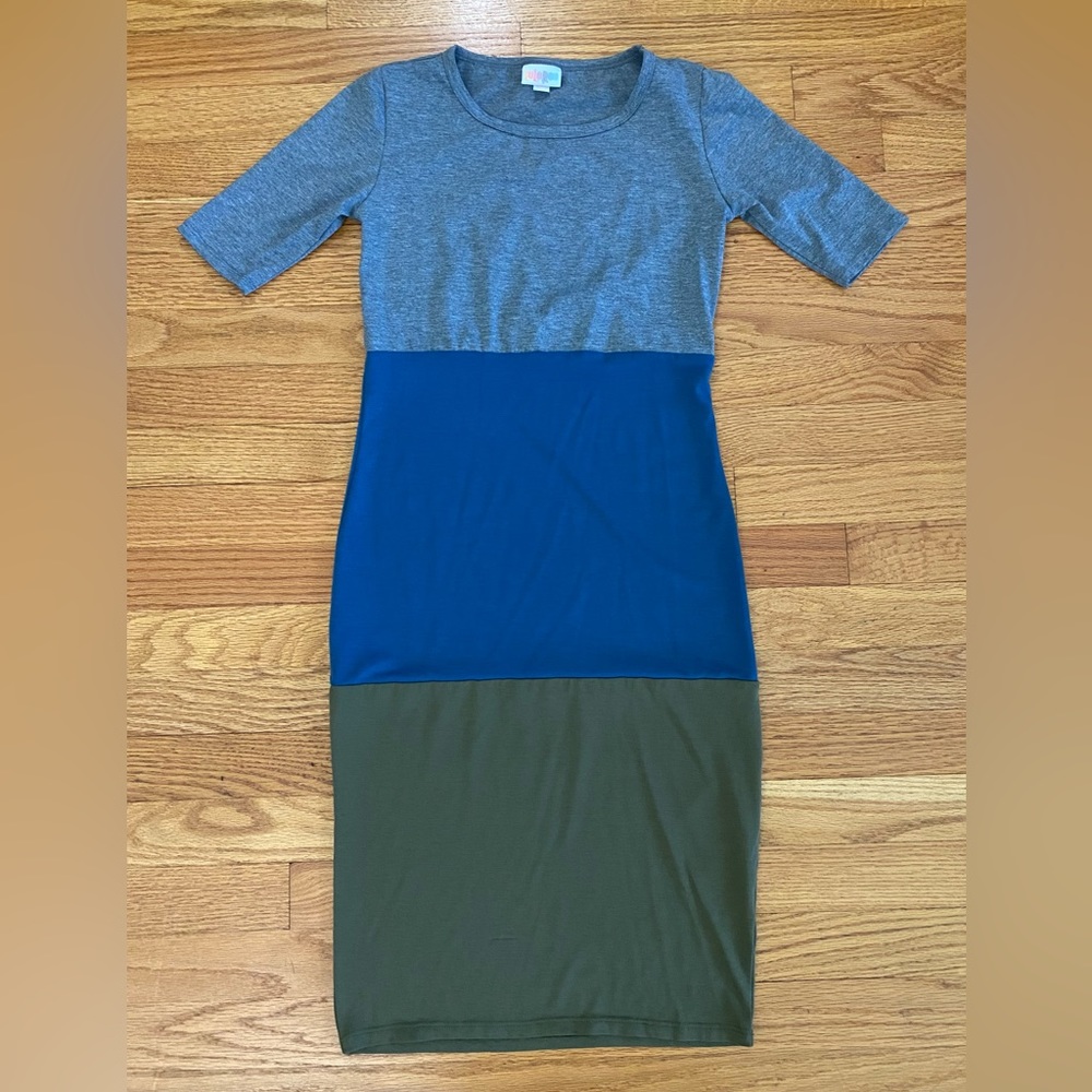 LulaRoe Dress Women’s XXS Gray Blue Green Color Block Bodycon Flaw Shown In Pics